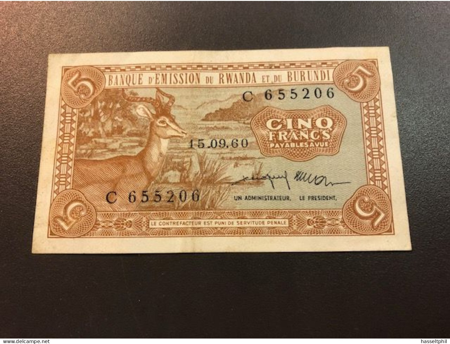 Rwanda - Burundi -  5 Francs 15.09.1960 - République Démocratique Du Congo & Zaïre