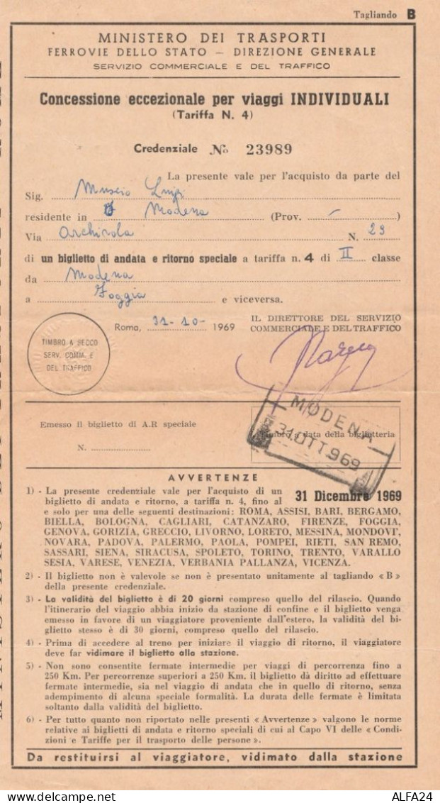 BIGLIETTO TRENO 1969 CONCESSIONE ECCEZIONALE VIAGGI - MODENA FOGGIA (TR95 - Europa