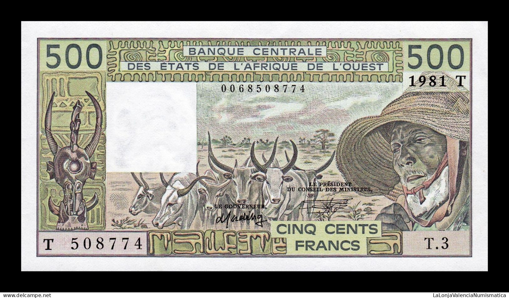 West African St. Estados De África Occidental Togo 500 Francs BCEAO 1981 Pick 806Tb 10 Digits Serial Sc Unc - Togo