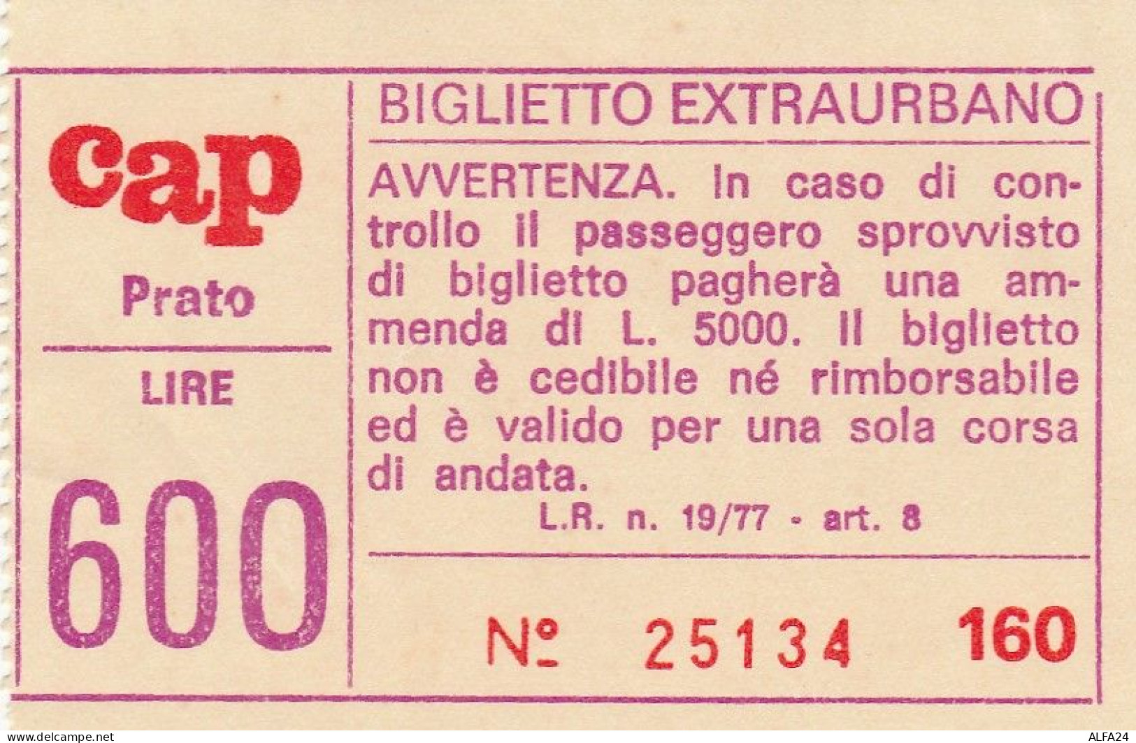 BIGLIETTO CAP PRATO LIRE 600 (UB159 - Europa