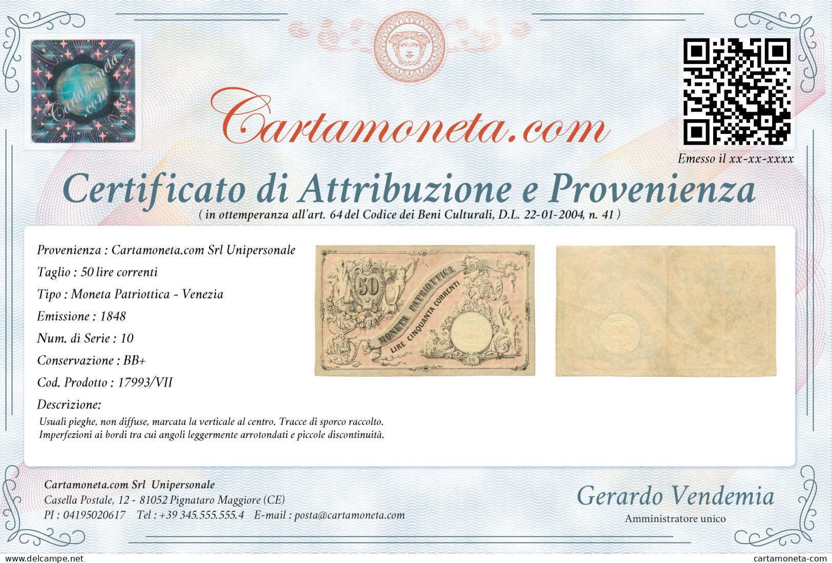 50 LIRE CORRENTI MONETA PATRIOTTICA VENEZIA 1848 BB+ - Other & Unclassified