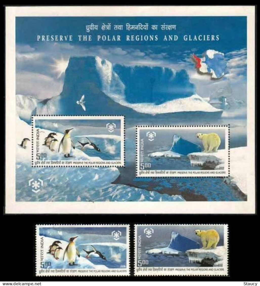 India 2009 Polar Regions And Glaciers Dolphins Polar Bear Stamps Set 2v Stamp + Miniature Sheet MNH As Per Scan - Unused Stamps