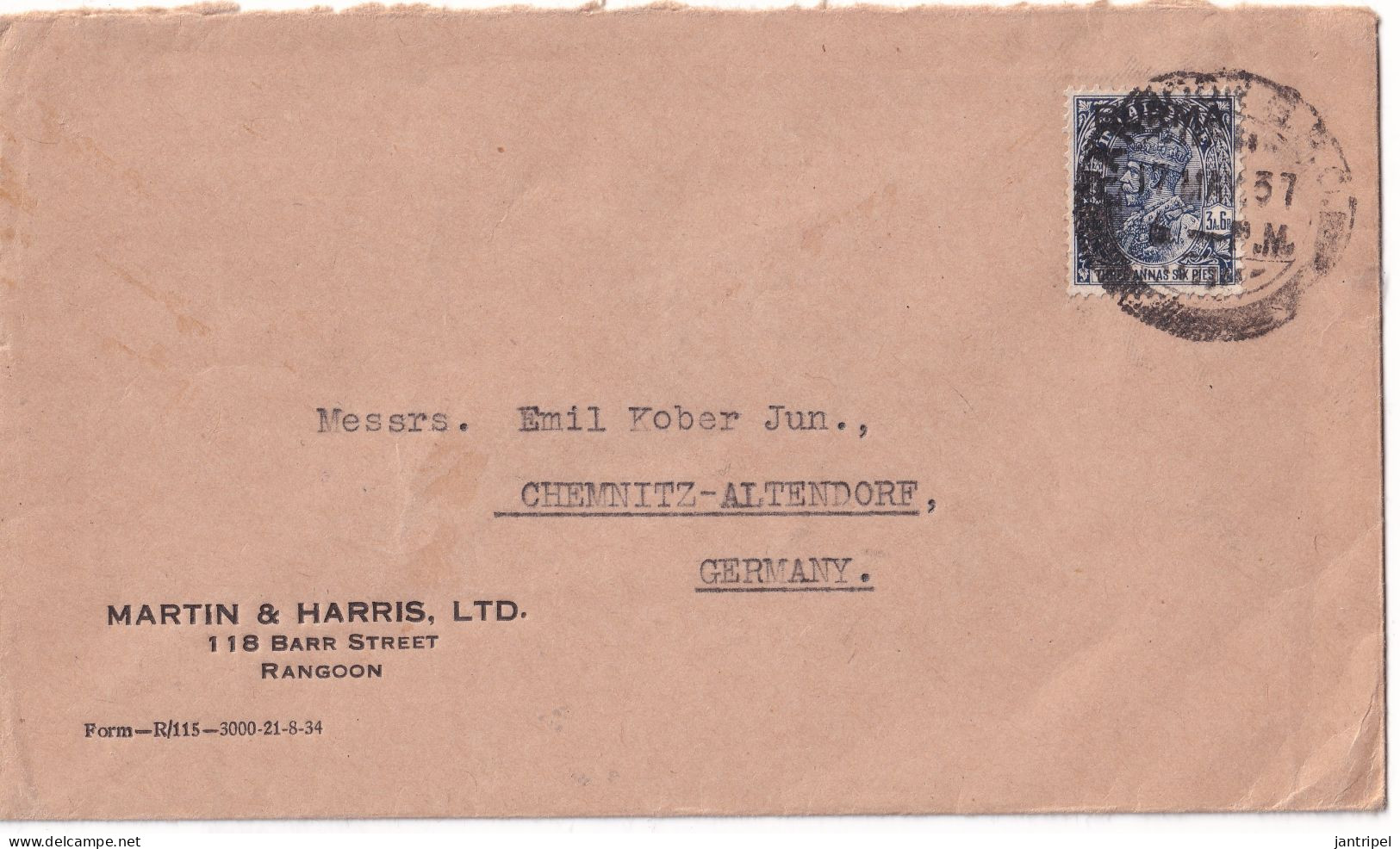 BURMA 1937 KGV COVER To GERMANY - Burma (...-1947)