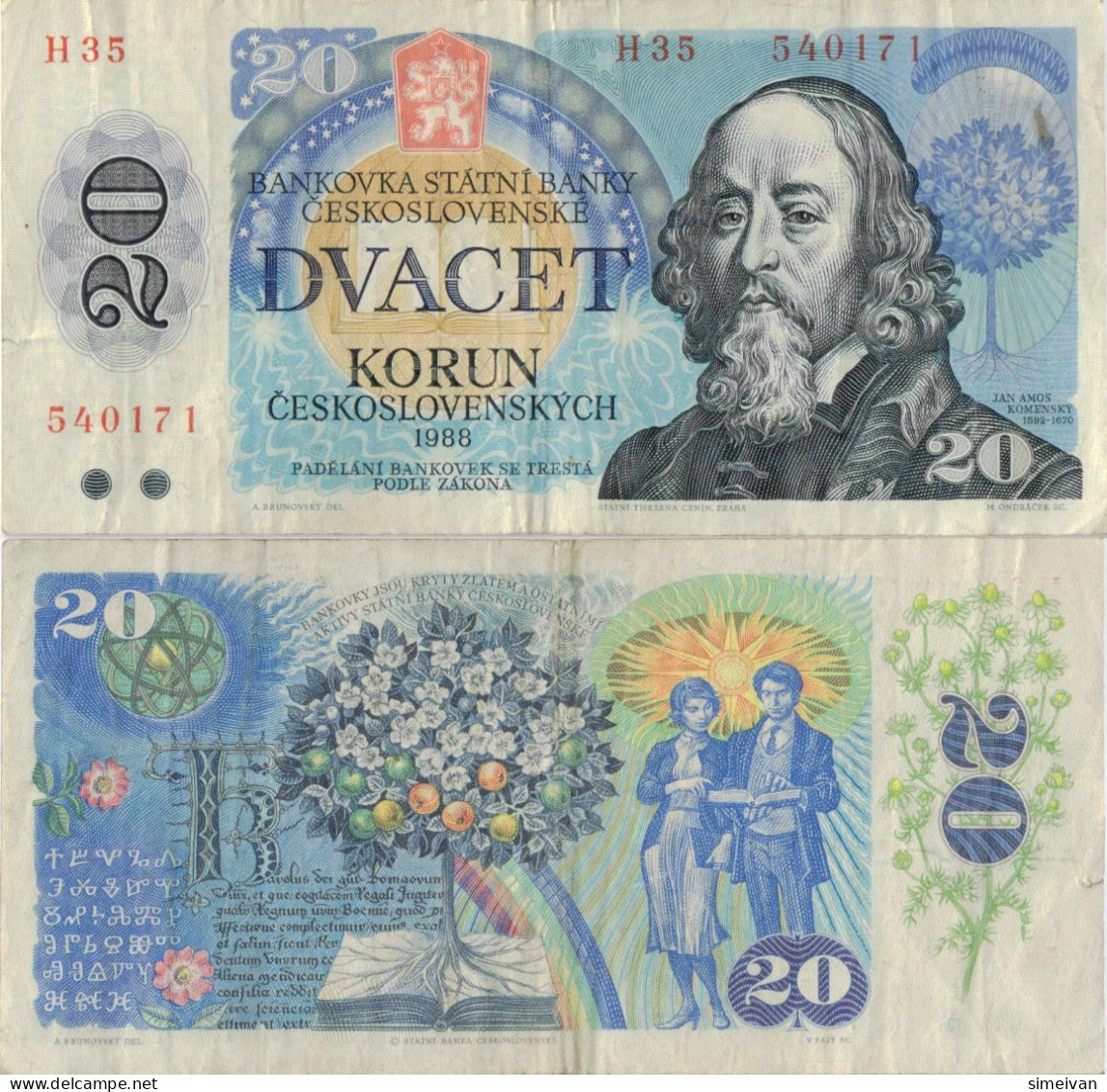 Czechoslovakia 20 Korun 1988 P-95b Banknote Europe Currency Tchécoslovaquie Tschechoslowakei #5257 - Tsjechoslowakije