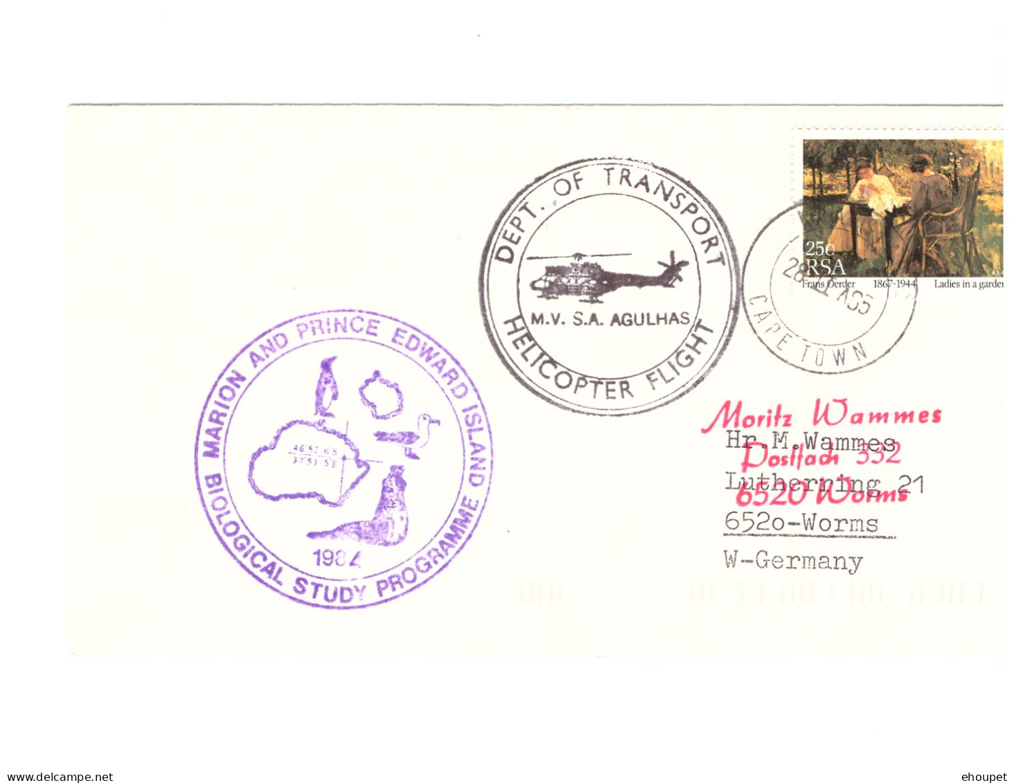 CAPE TOWN HELICOPTER  AGULHAS 28 NOV 1985 ILE MARION - Cartas & Documentos