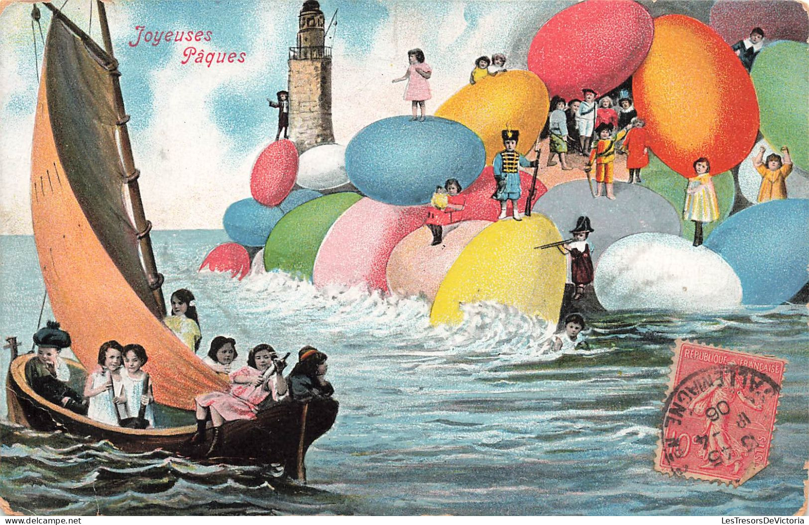 ENFANTS - Joyeuses Pâques - Des Enfants Sur Des Oeufs De Pâques Et Un Bateau - Carte Postale Ancienne - Sonstige & Ohne Zuordnung