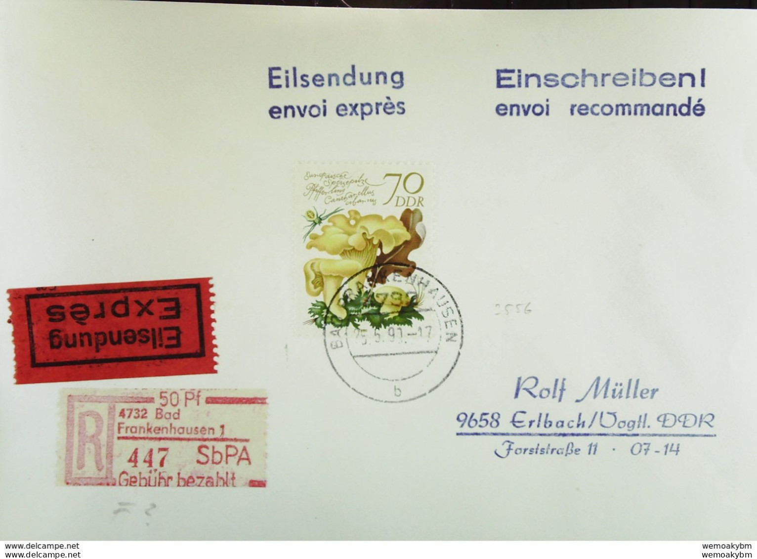 DDR: R-Eil-Fern-Bf 70 Pf Pfifferling Europ. Speisepilze Mit SbPA-R-Zettel 3, 4732 Bad Frankenhausen 1, 25.8.90 Knr: 2556 - Aangetekende Etiketten