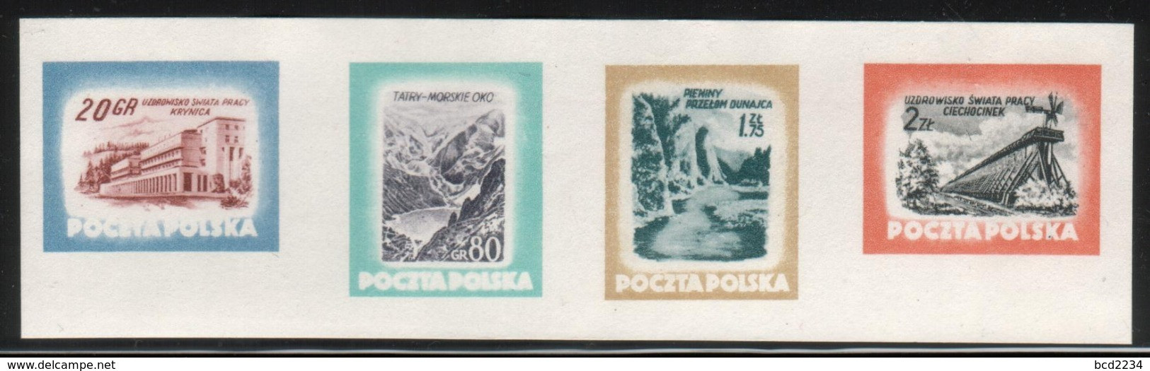 POLAND 1953 TOURISM TOURIST SERIES VIEWS COMPLETE SET IN A STRIP OF COLOUR PROOFS NHM Mountains Lakes Health Spa Resorts - Essais & Réimpressions