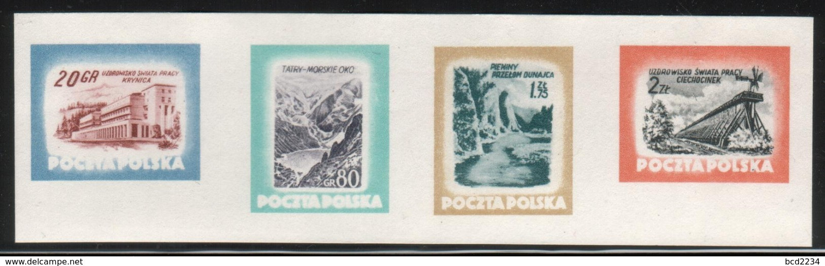 POLAND 1953 TOURISM TOURIST SERIES VIEWS COMPLETE SET IN A STRIP OF COLOUR PROOFS NHM Mountains Lakes Health Spa Resorts - Proeven & Herdruk