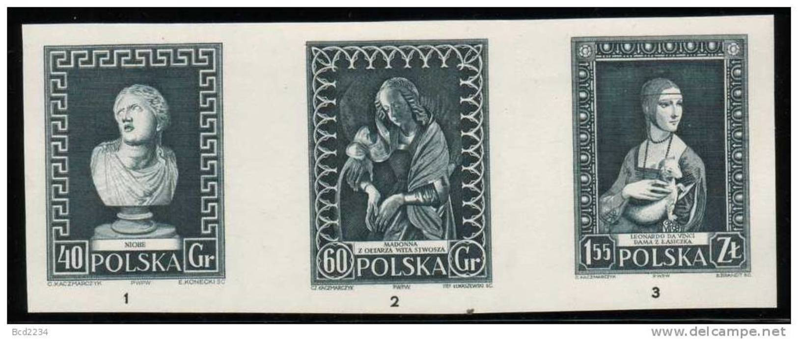 POLAND 1956 MUSEUM CONSERVATION STRIP OF BLACK PROOFS NHM (NO GUM) ART Statues Madonna Da Vinci Paintings Lady Ermine - Probe- Und Nachdrucke