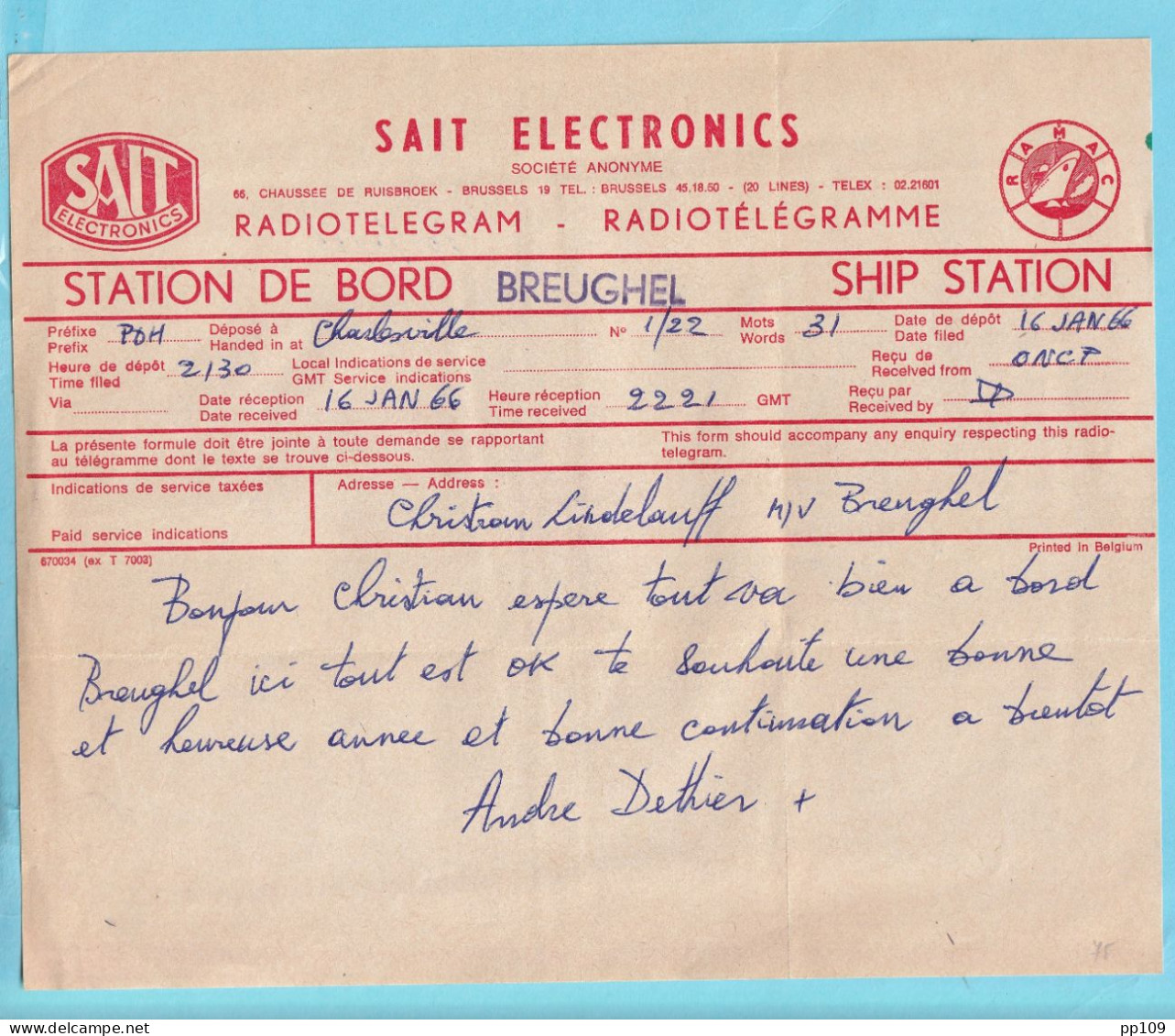 RADIOTELEGRAM Radiotélégramme SAIT Electronics Chaussée De Ruisbroeck UCCLE Station Breughel  16 Janvier 1966  - Telegramas