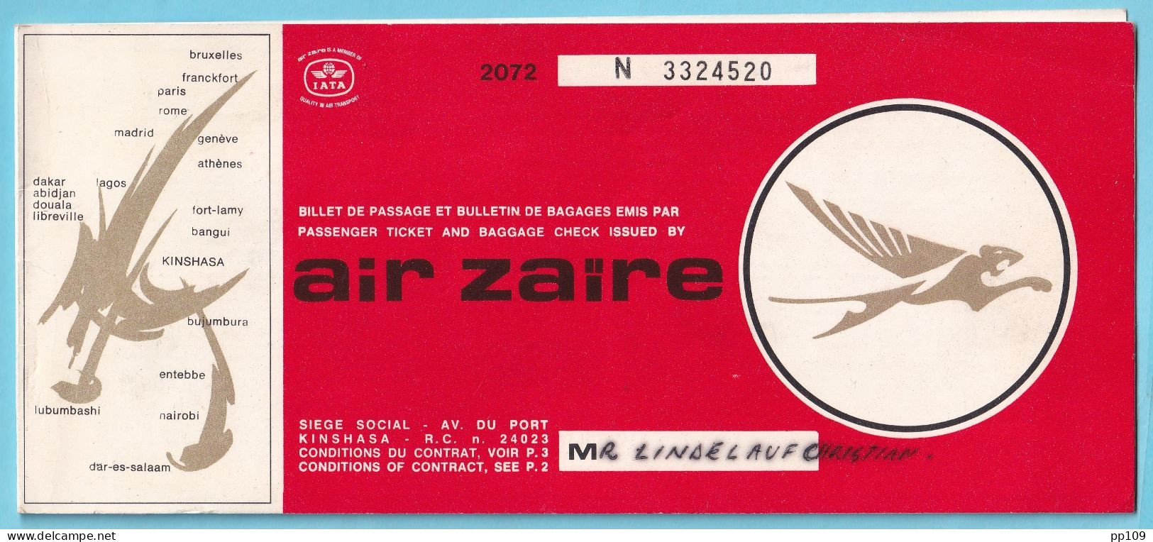 Ticket D'embarquement Avion AIR ZAÏRE   Kinshasa Vers Bruxelles  Pub GOOD YEAR Au Verso  - Wereld