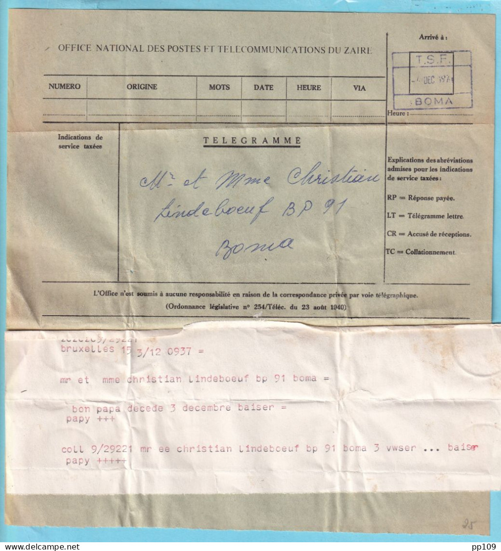 ZAÏRE Télégramme Office National Des Postes Et Télécommunications T.S.F. BOMA - Cartas & Documentos