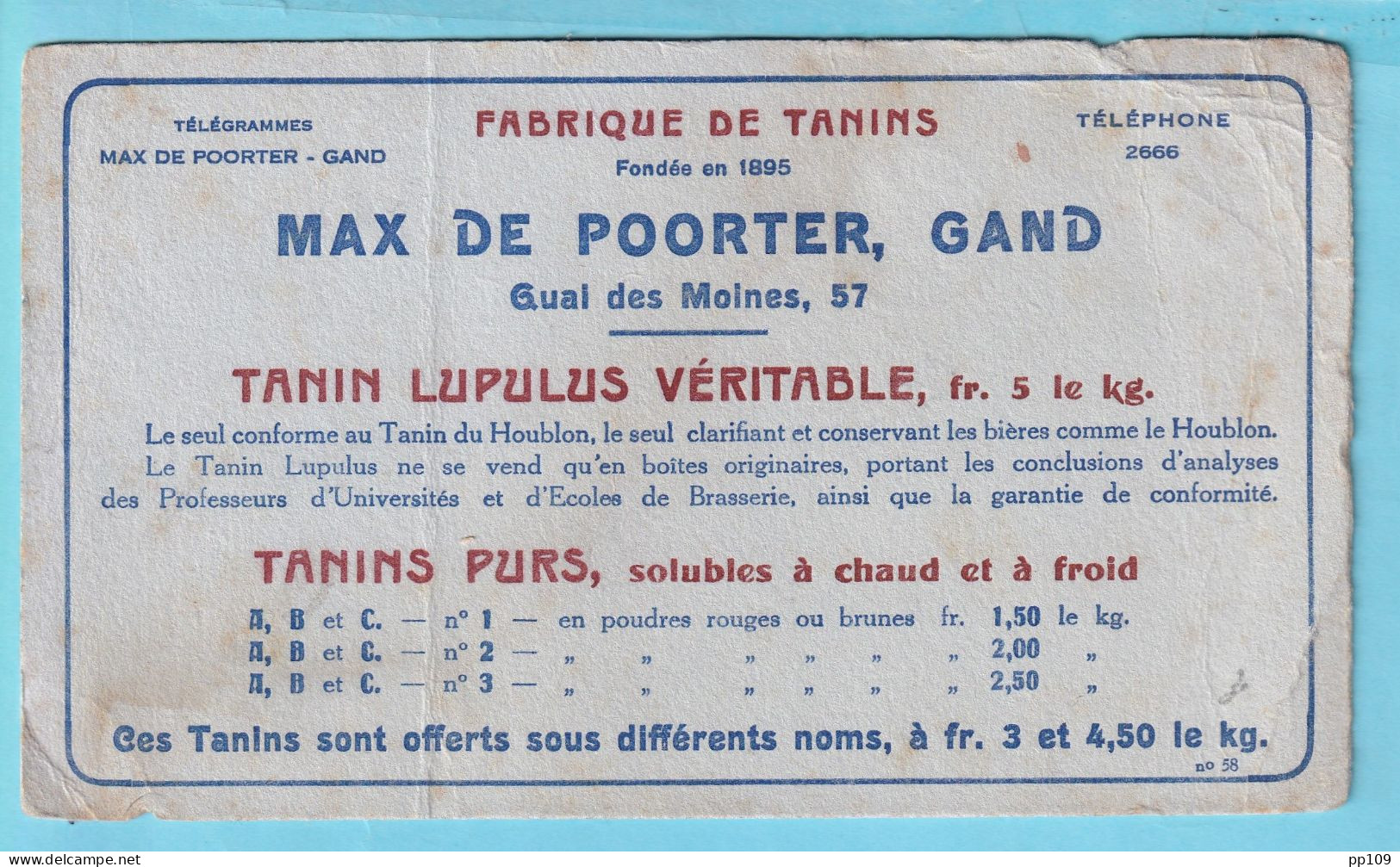 PUB Tanin Max De Poorter Quai Des Moines GAND Buvard  Préo Typo GAND 1914 Vers Brasserie Deltenre QUEVY +  REBUT - Typos 1912-14 (Lion)