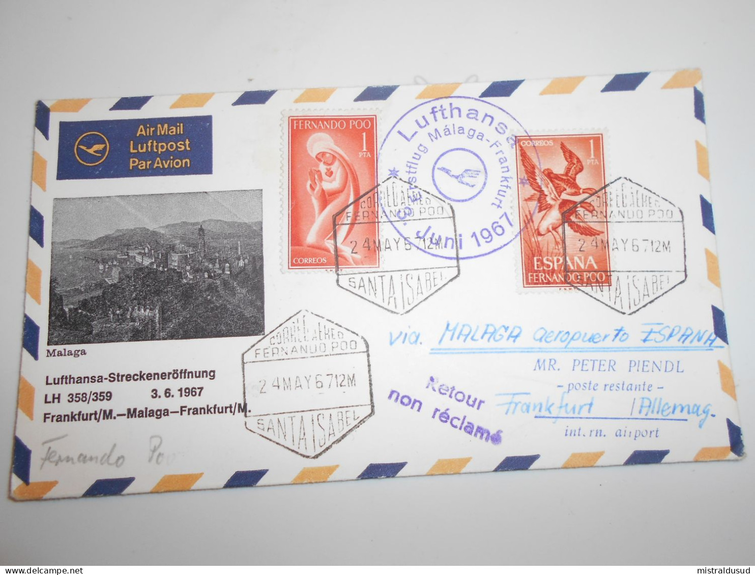 Espagne Colonies Et Dependances Fernando Poo, Lettre De Santa Isabel 1967 Pour Frankfurt - Fernando Po