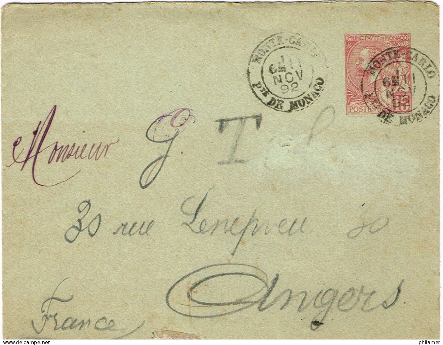 MONACO ENTIER POSTAL STATIONERY PRET A POSTER CAD MONTE CARLO PRINCIPAUTE NOV 1892 US COURANT - Brieven En Documenten