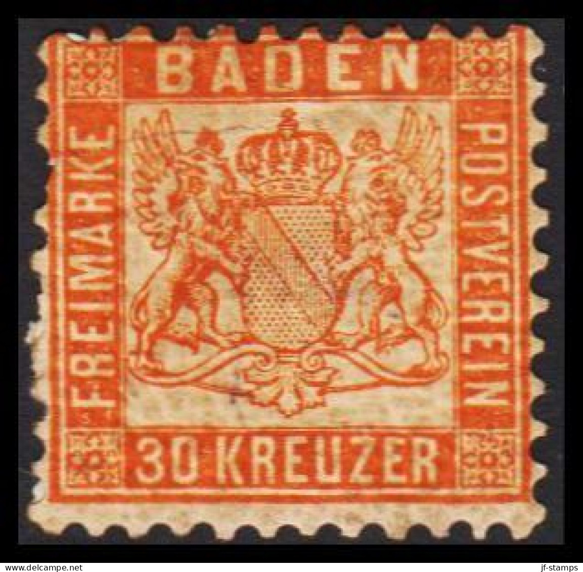 1862. BADEN. Wappen (Hintergrund Weiss.) 30 KREUZER 10x10 Hinged. - JF539195 - Neufs