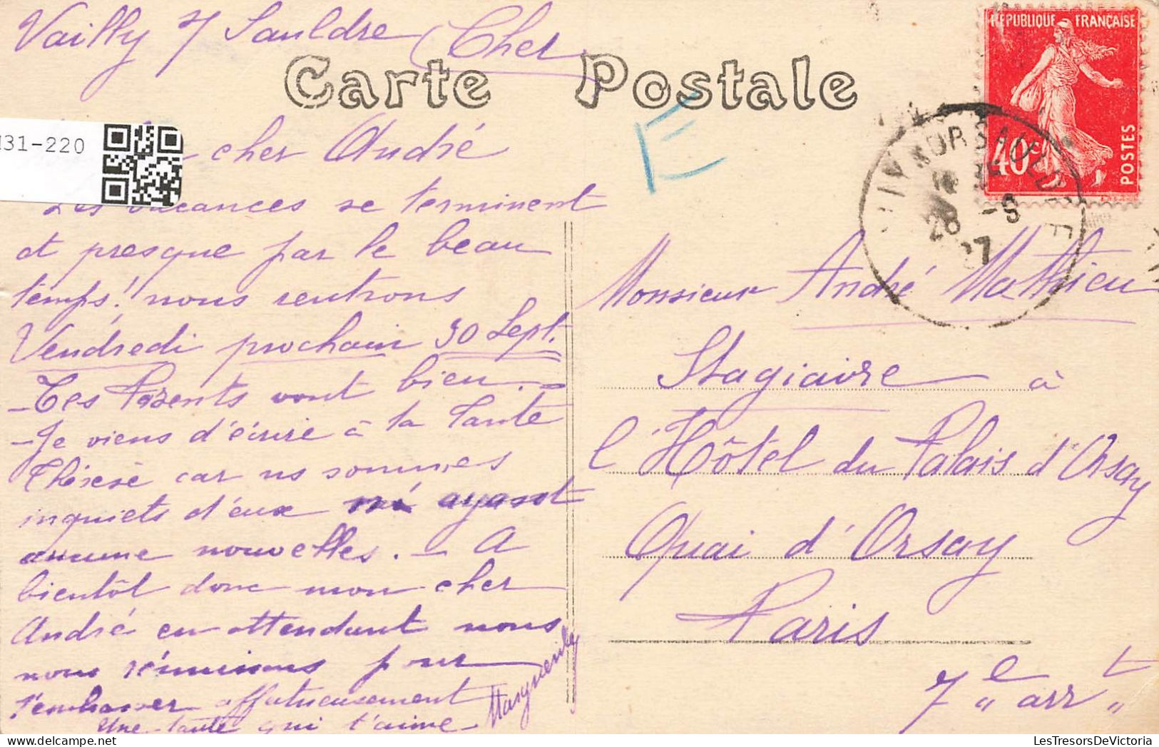 FRANCE - Vailly (Cher) - Route De Barlieu - La Poste - AG - Animé - Carte Postale Ancienne - Andere & Zonder Classificatie