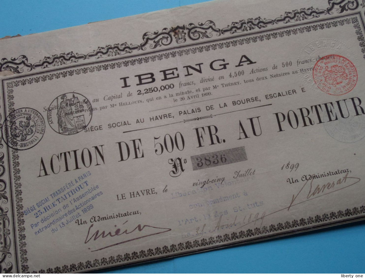 IBENGA Le Havre (FR) 1899 - Action De 500 Francs Au Porteur - N° 3836 ( Voir SCANS ) ! - G - I