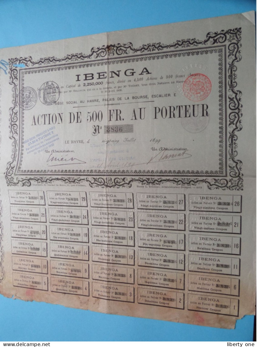 IBENGA Le Havre (FR) 1899 - Action De 500 Francs Au Porteur - N° 3836 ( Voir SCANS ) ! - G - I