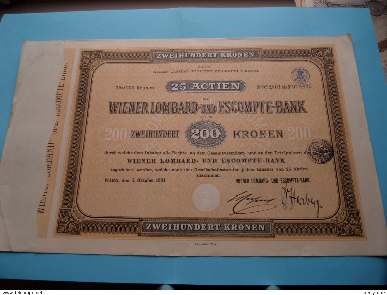 25 Actien WIENER LOMBARD-und ESCOMPTE-BANK > 200 Kronen - N° 972,801 Bis 972,825 ( Sehen Sie SCANS ) Wien 1921 ! - Banque & Assurance