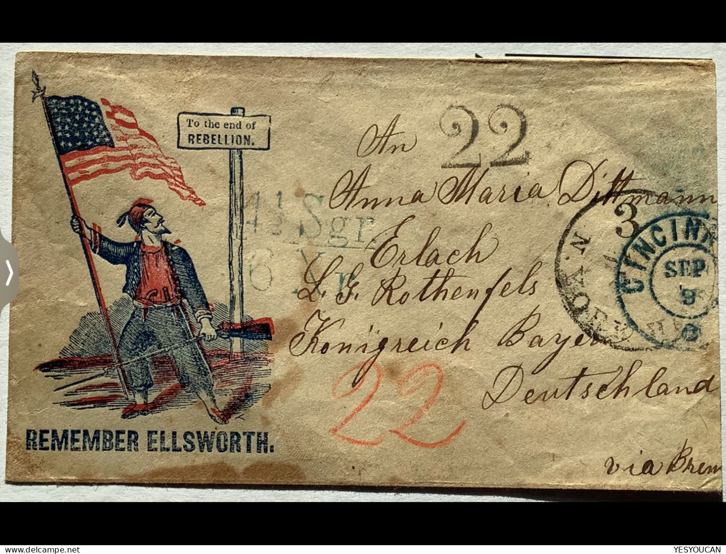Postvertragsstempel 4 1/2 Sgr/6Xr(Hamburg 1866)US Patriotic Cover Transatlantic Mail CINNCINATI>ERLACH Bayern (Brief USA - Hambourg
