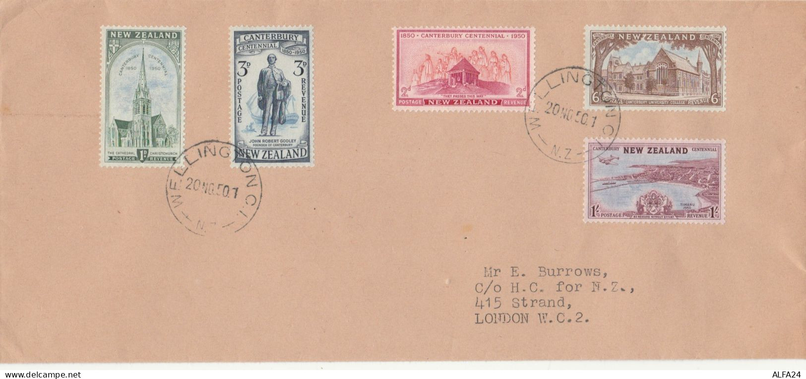 BUSTA CON 5 VALORI NEW ZEALAND 1950 TIMBRO WELLINGTON (KP147 - Brieven En Documenten