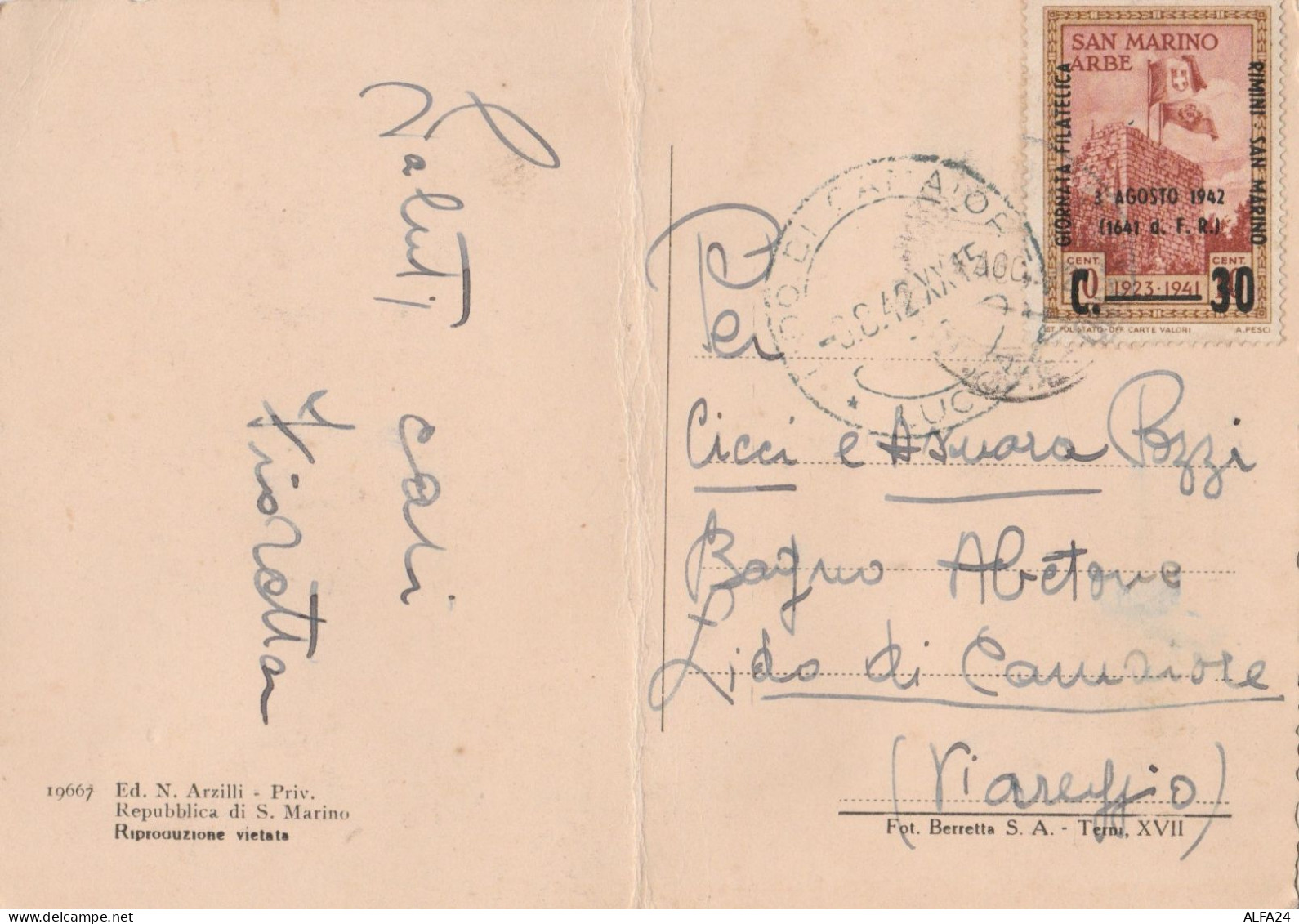 CARTOLINA VIAGGIA 1942 C.30 SS SAN MARINO - Piega Centrale (KP1751 - Covers & Documents