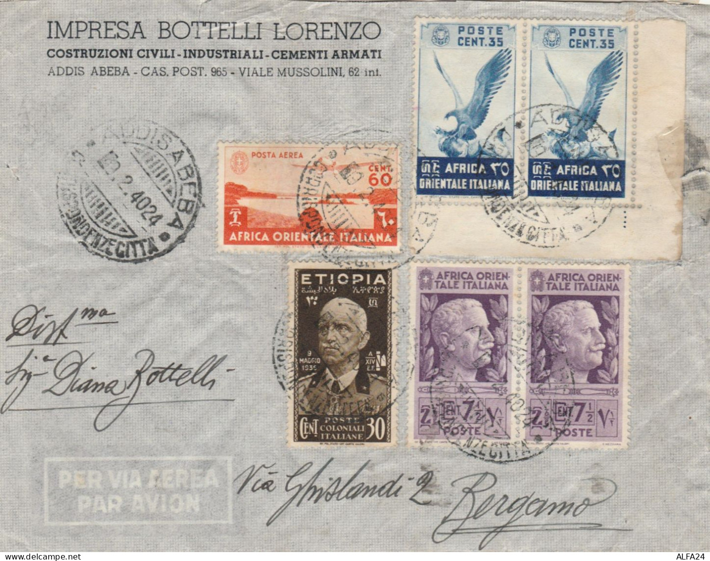 LETTERA 1940 30 ETIOPIA+2X7,5+2X35+60 PA AFRICA ORIENTALE TIMBRO ADDIS ABEBA-BG-piccolo Strappo Dx, Strappo Retro (KP89 - Ethiopie