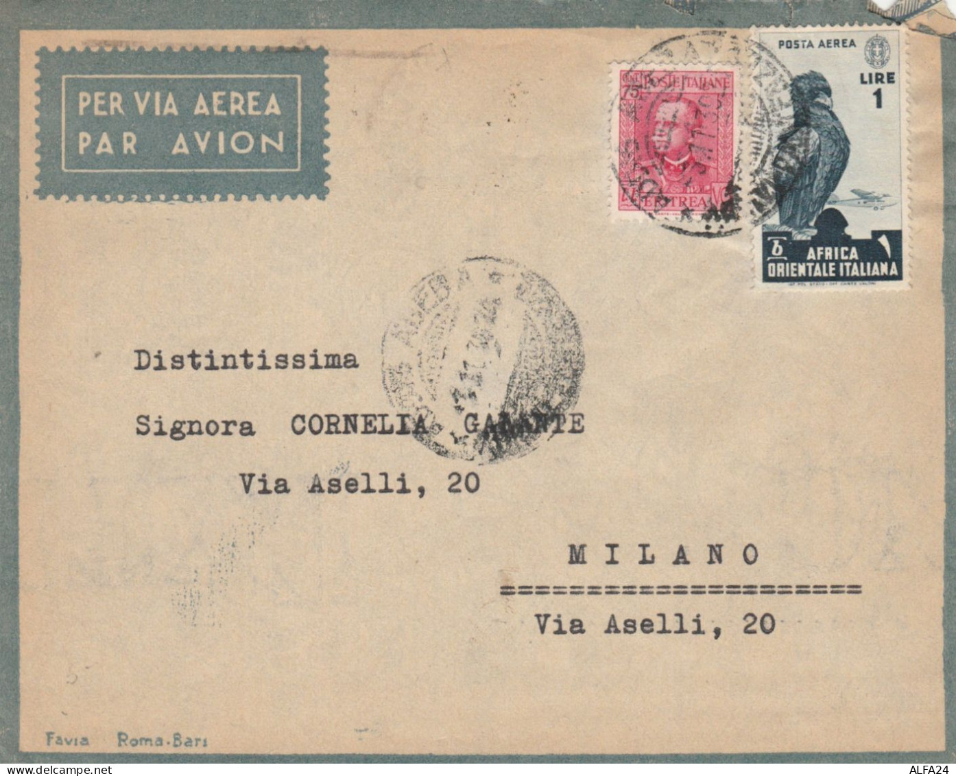 LETTERA 1939 1L. AFRICA ORIENTALE+75 ERITREA TIMBRO ADDIS ABEBA -COMASNDO FA AOI (KP95 - Africa Oriental Italiana