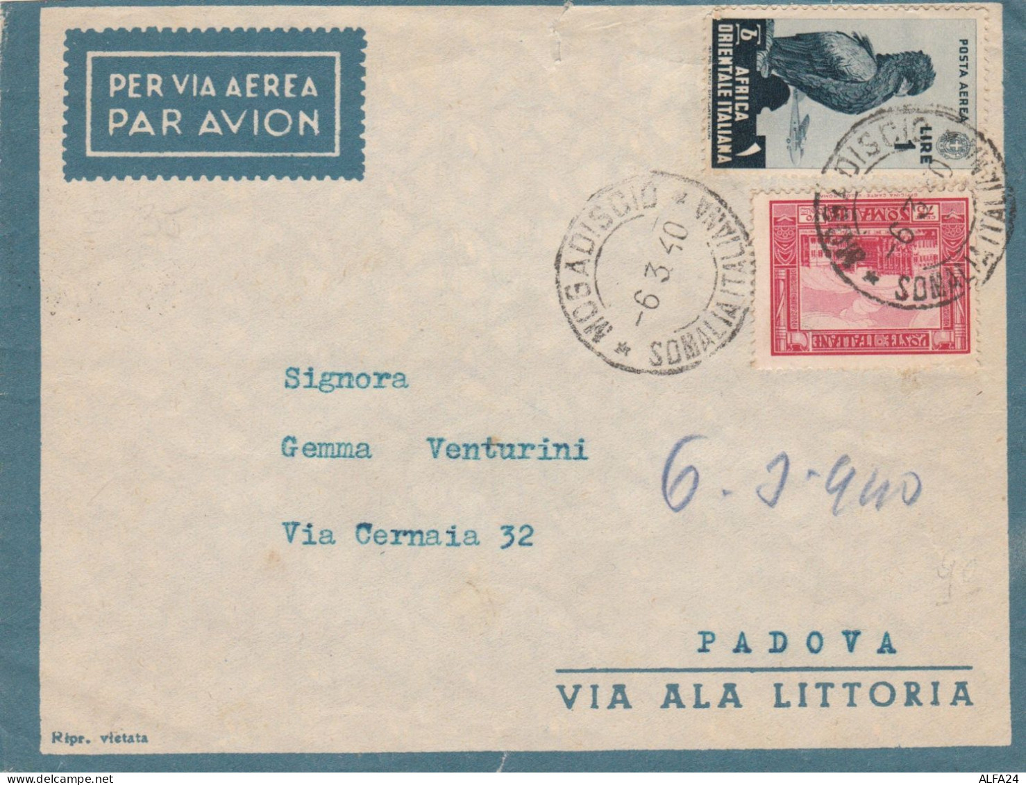 LETTERA 1940 1 L. PA AFRICA ORIENTALE+75 SOMALIA TIMBRO MOGADISCIO SOMALIA ITALIANA (KP55 - Africa Oriental Italiana