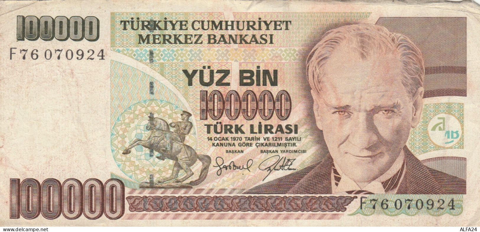 BANCONOTA TURCHIA 100000 LIRA VF (KP874 - Turquie