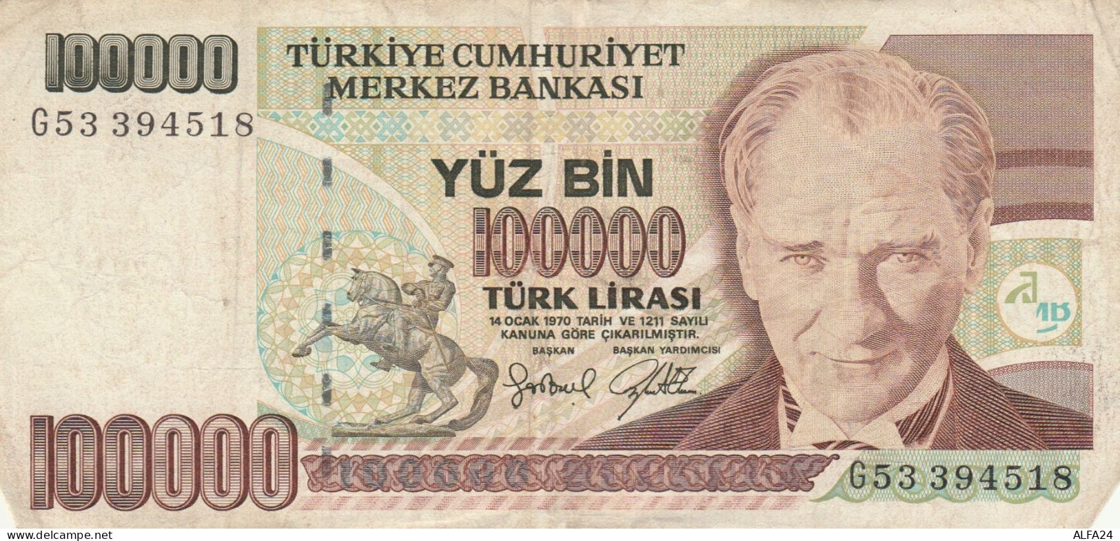 BANCONOTA TURCHIA 100000 LIRA VF (KP847 - Turquie