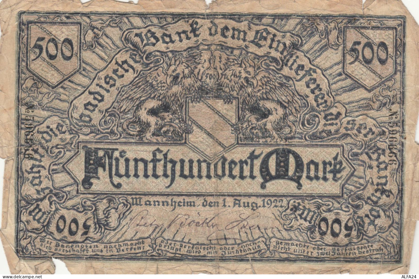 BANCONOTA GERMANIA 1922 500 MARK F (KP787 - 500 Mark