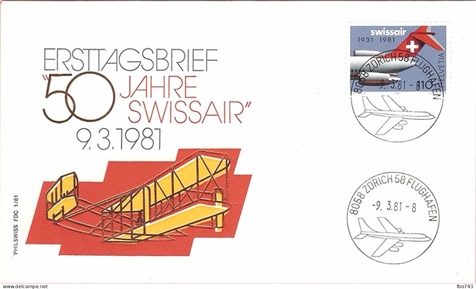 1981 Enveloppe 1er Jour 50 Ans De Swissair - Autres & Non Classés