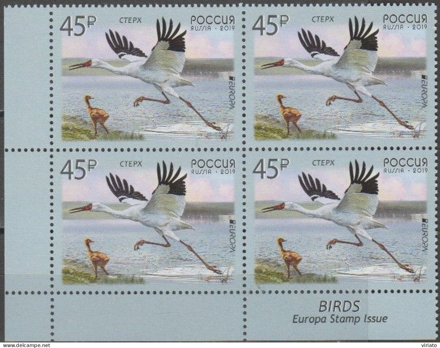 Russia 2019 (Mi 2654) (Bloc Of 4) - Siberian Crane (Leucogeranus Leucogeranus) - Collections, Lots & Series