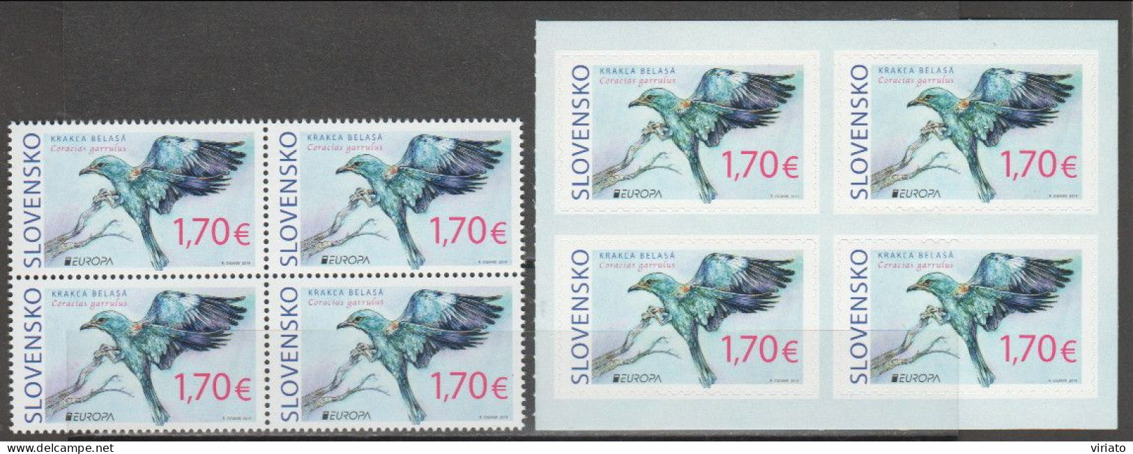 Slovaquia 2019 (Mi 869.70) Blocs Of 4 - European Roller (Coracias Garrulus) - Collections, Lots & Series