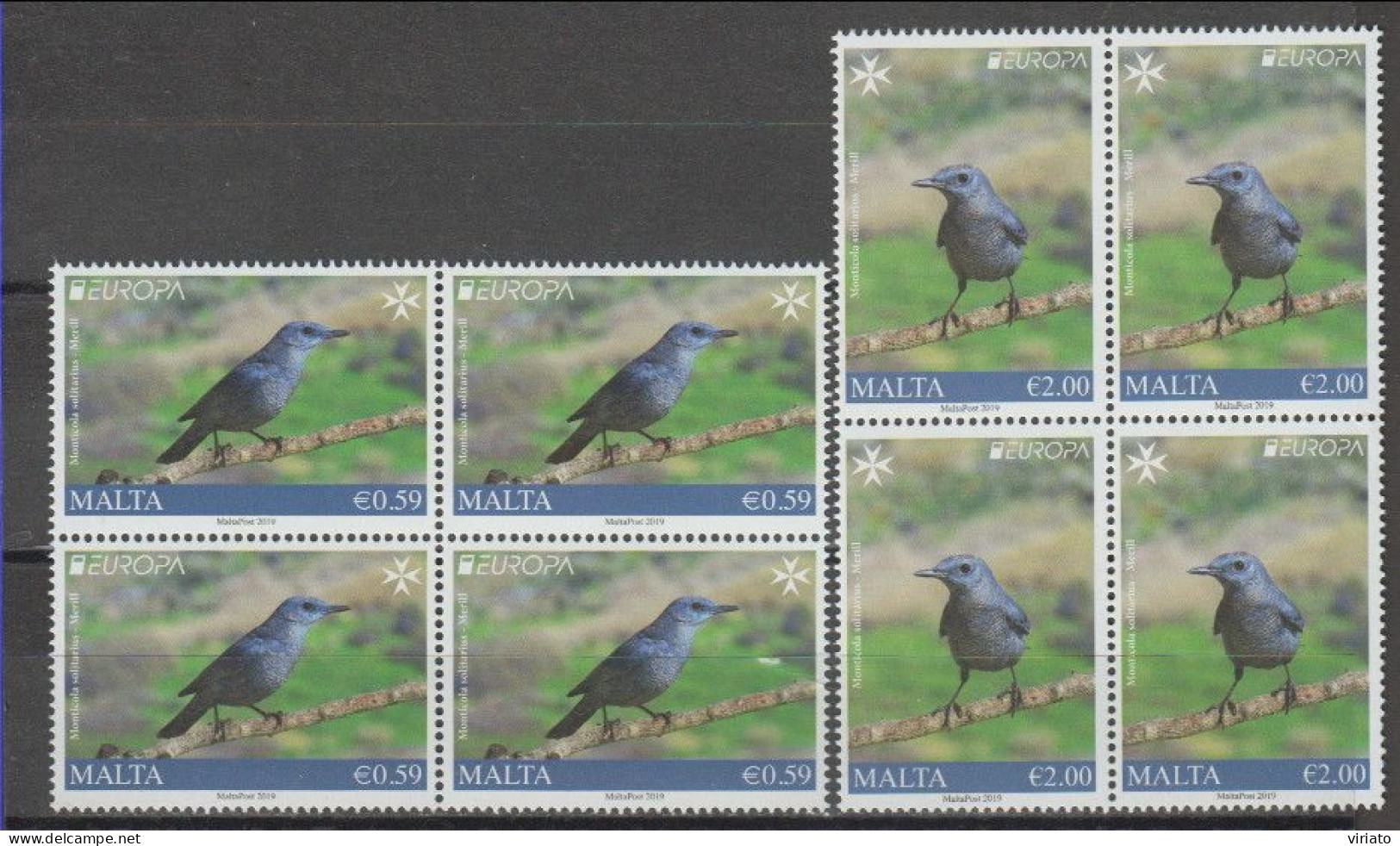 Malta 2019 (Mi 2057.58) Blocs Of 4 - Blue Rock Thrush (Monticola Solitarius) - Collections, Lots & Séries