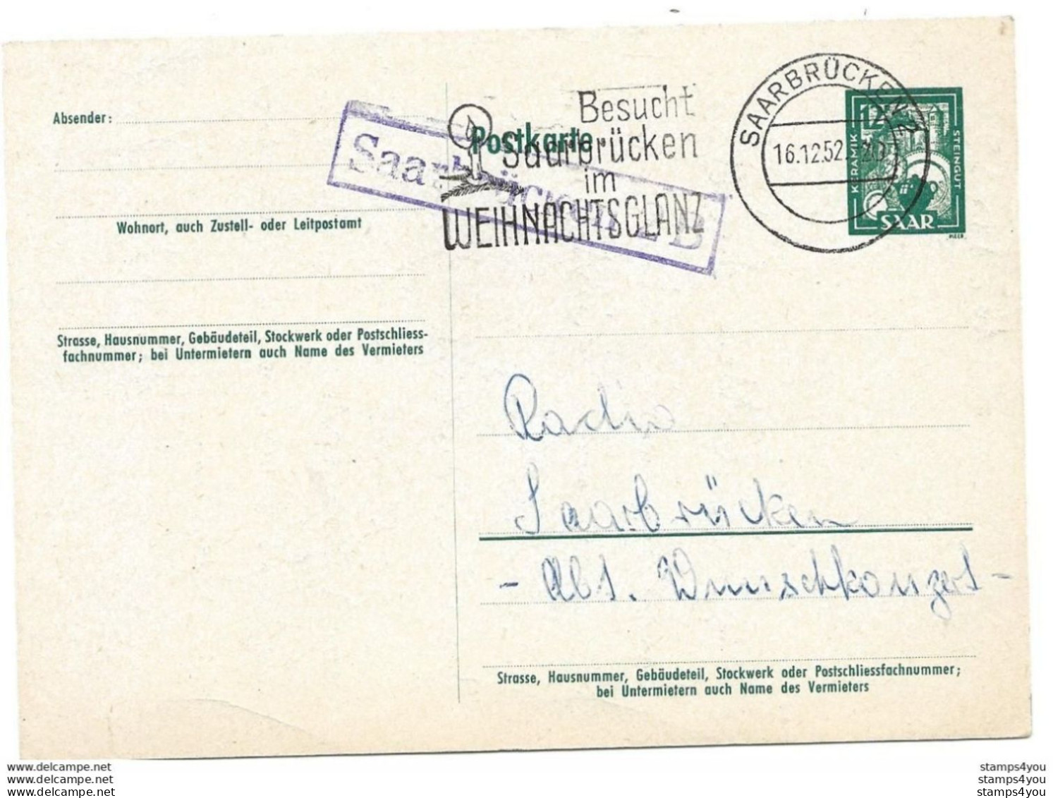 52 - 74 - Entier Postal Avec Oblit Mécanique Saarbrücken 1952 Et Cachet Rectangulaire - Ganzsachen