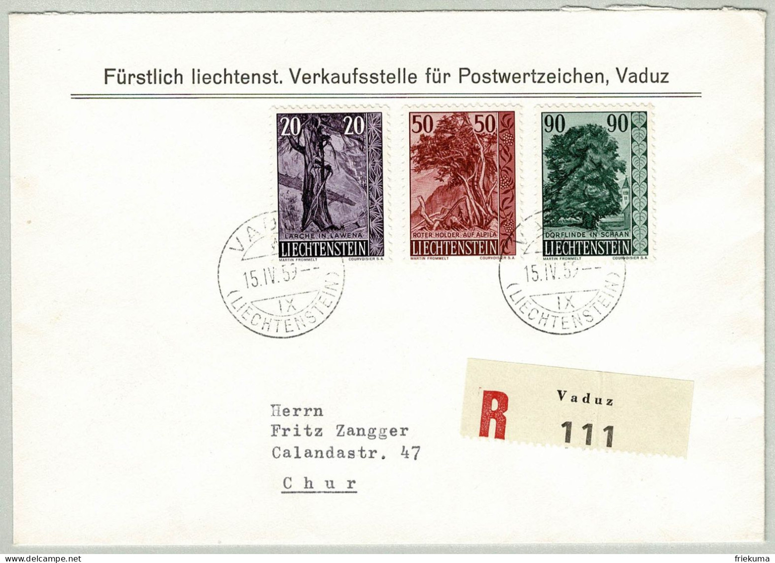 Liechtenstein 1959, Einschreibebrief Ersttag Bäume Und Sträucher Vaduz - Chur, Lärche, Roter Holder, Linde, Arbre / Tree - Covers & Documents