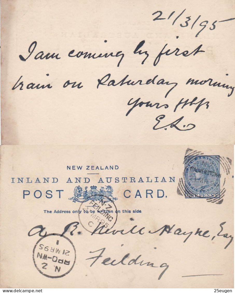 NEW ZEALAND 1895 POSTCARD SENT FROM PALWERSTON - Covers & Documents