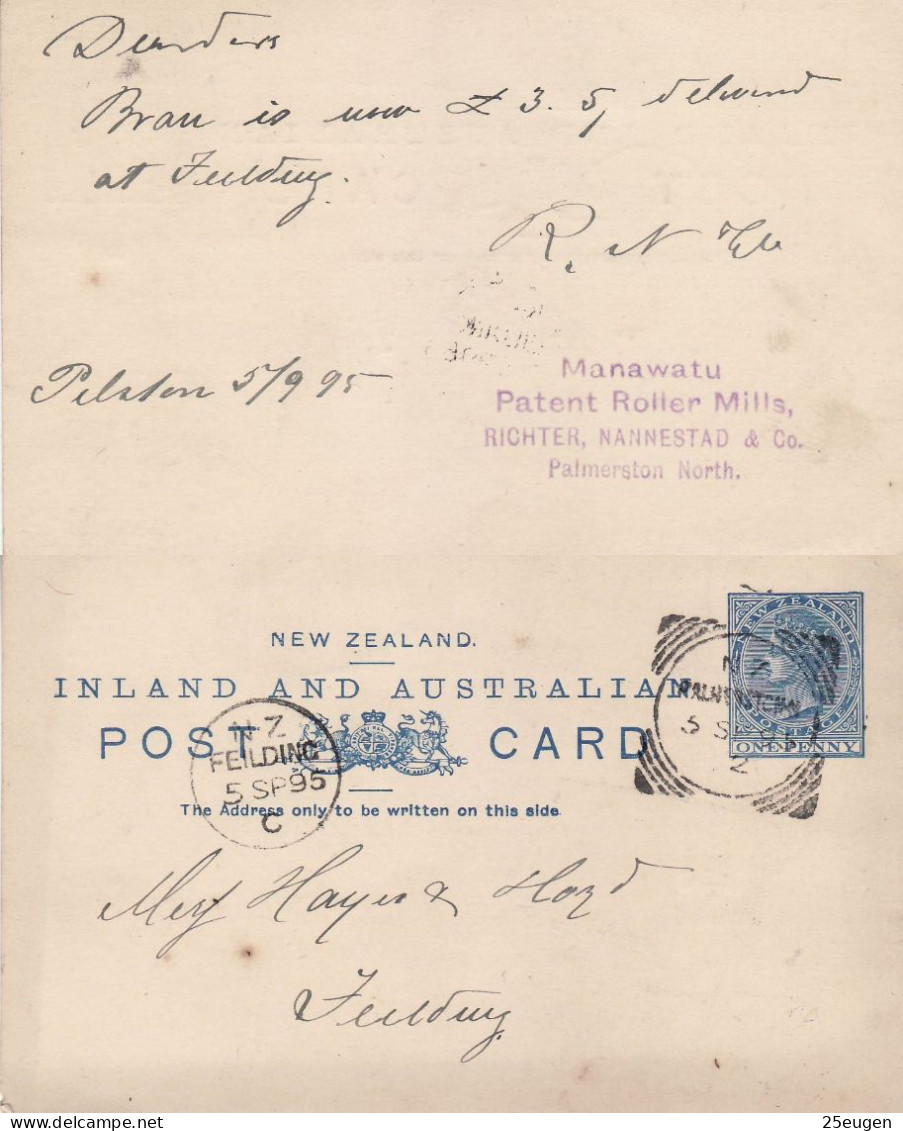 NEW ZEALAND 1895 POSTCARD SENT FROM PALWERSTON - Brieven En Documenten