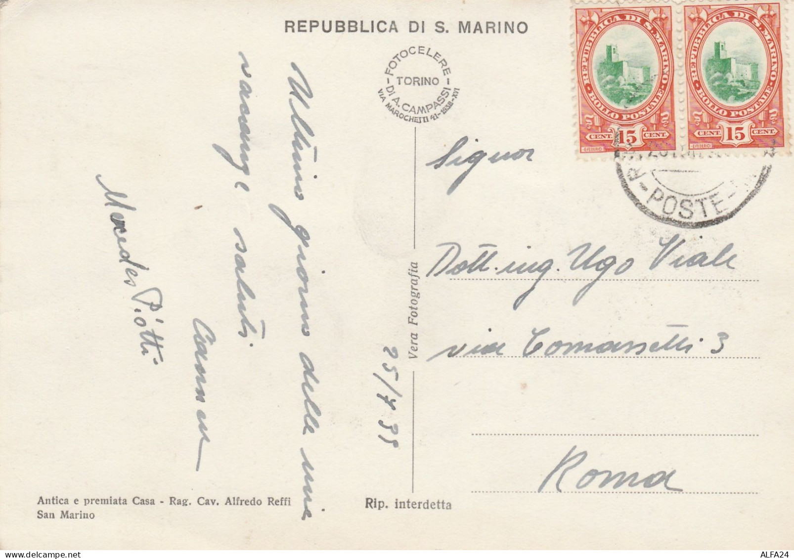 CARTOLINA 1939 2X15 CENT SAN MARINO (LN614 - Lettres & Documents