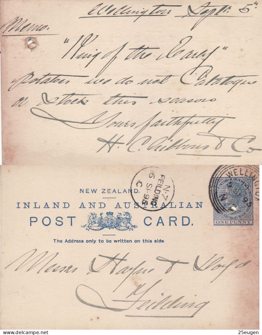 NEW ZEALAND 1895 POSTCARD SENT FROM WELLINGTON - Cartas & Documentos