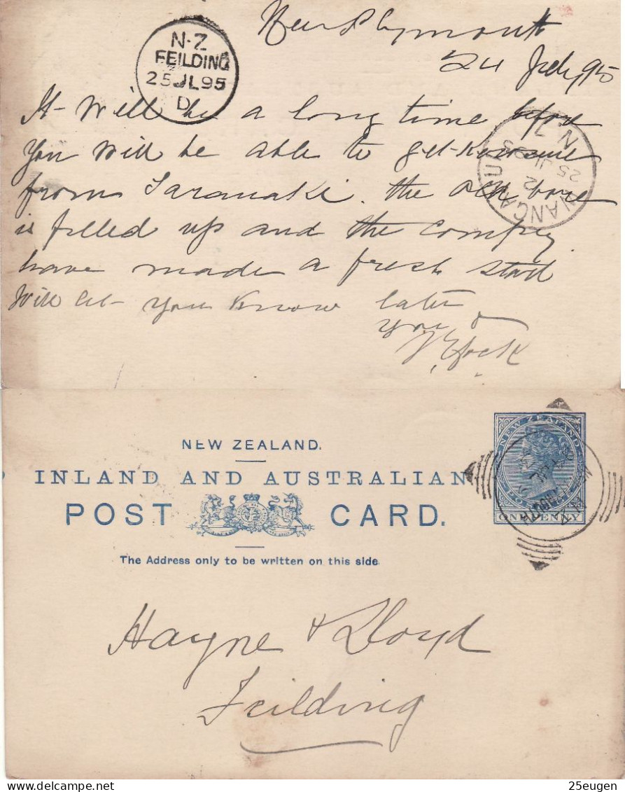 NEW ZEALAND 1895 POSTCARD SENT FROM NEW PLYMOUTH - Cartas & Documentos