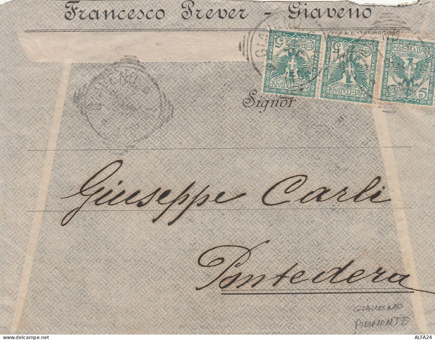 LETTERA 1906 3X5 CENT. -FRACESCO PREVER-TIMBRO GIAVENO-PONTEDERA (LK551 - Eritrée