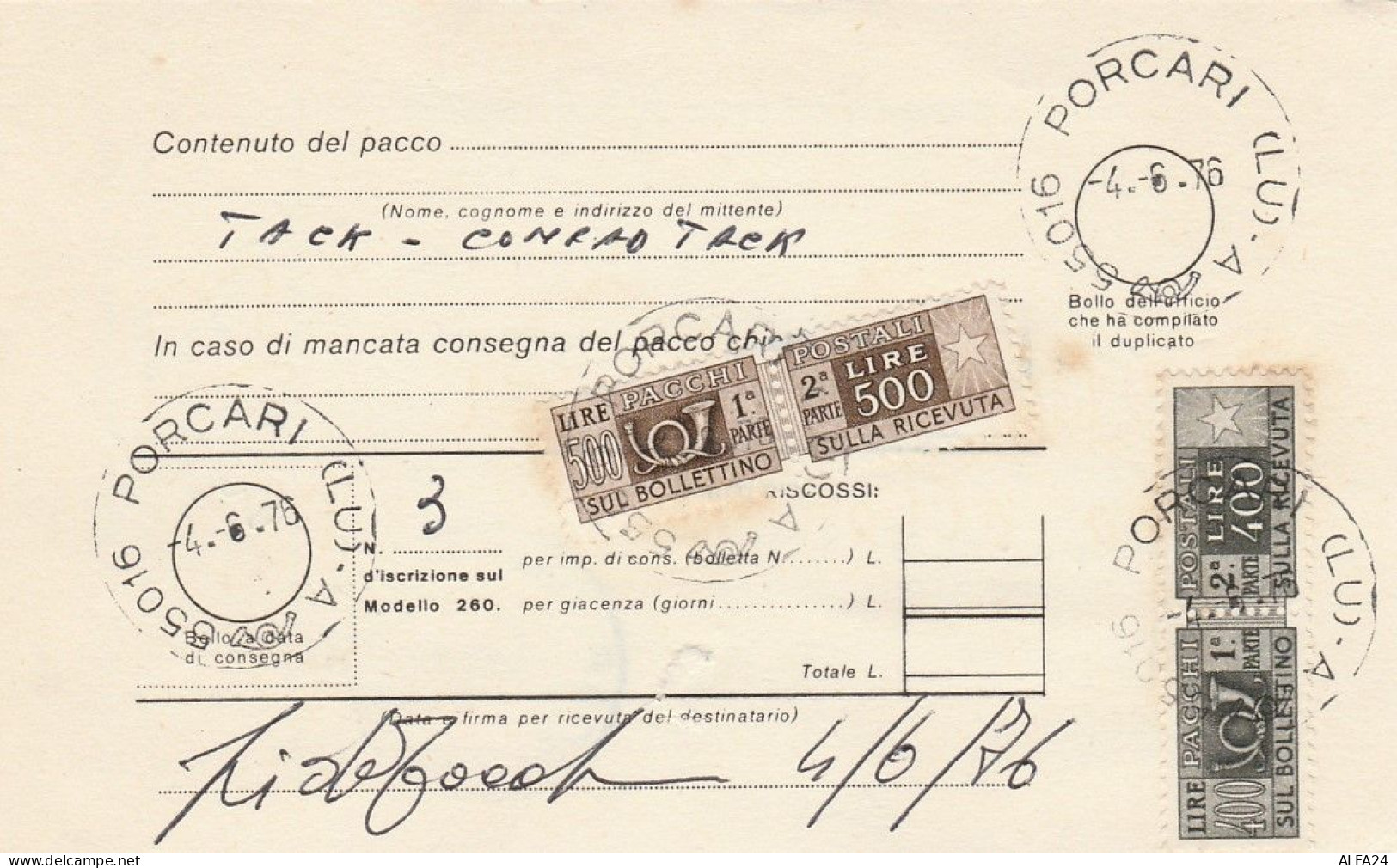 BOLLETTINO CON PACCHI POSTALI 2X500+2X400 1976 TIMBRO PORCARI (LK382 - Parcel Post