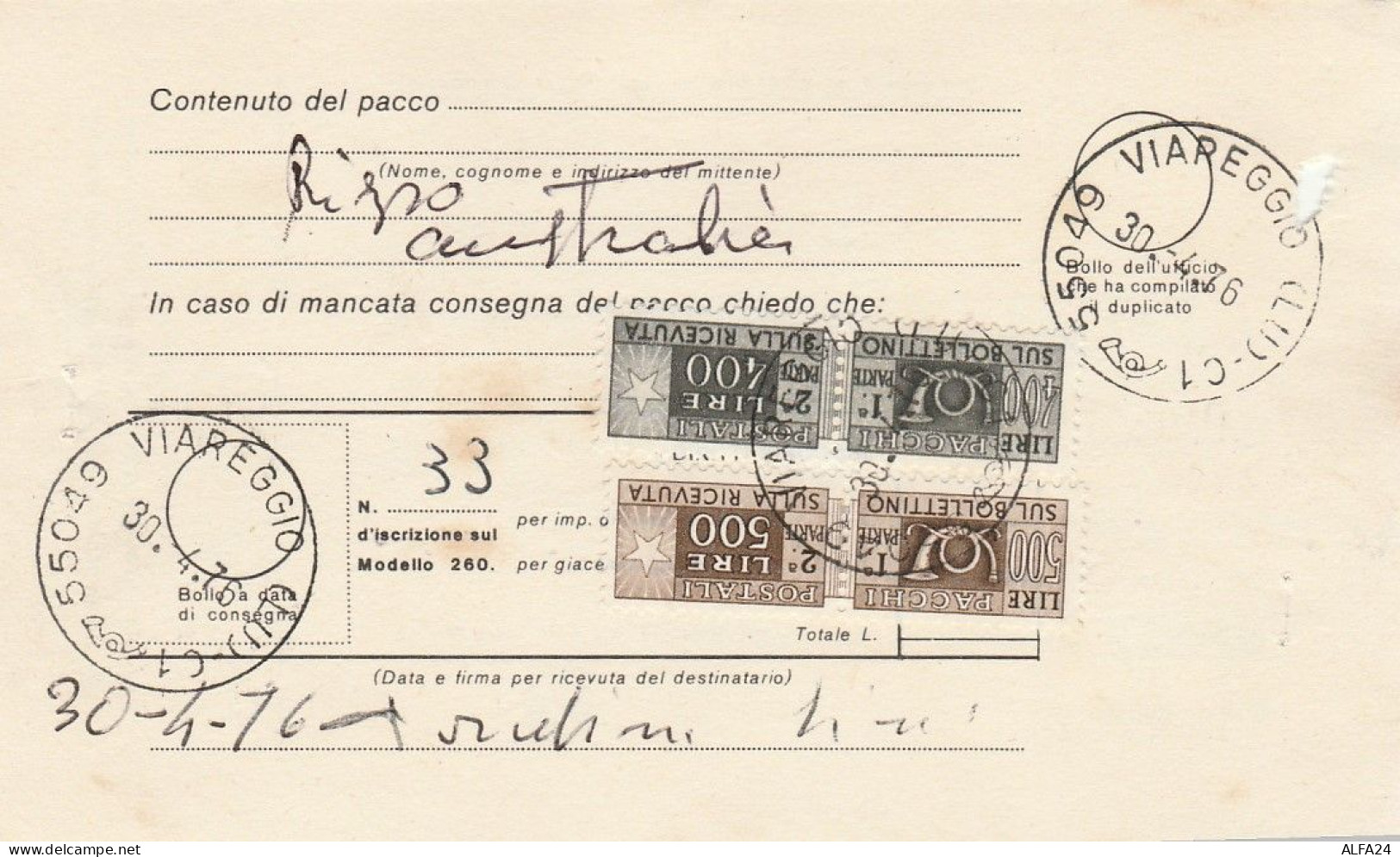 BOLLETTINO CON PACCHI POSTALI 2X500+2X400 1976 TIMBRO VIAREGGIO (LK383 - Parcel Post