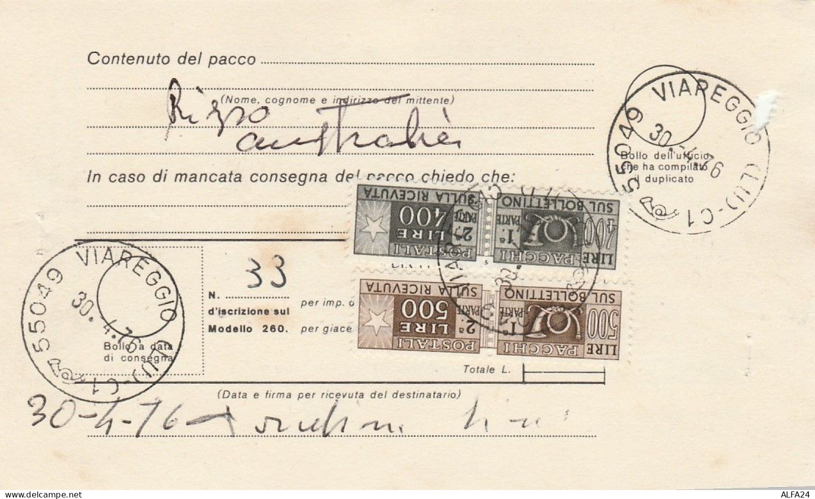 BOLLETTINO CON PACCHI POSTALI 2X500+2X400 1976 TIMBRO VIAREGGIO (LK383 - Postpakketten