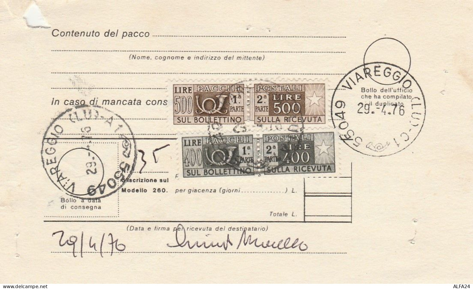 BOLLETTINO CON PACCHI POSTALI 2X500+2X400 1976 TIMBRO VIAREGGIO (LK379 - Parcel Post